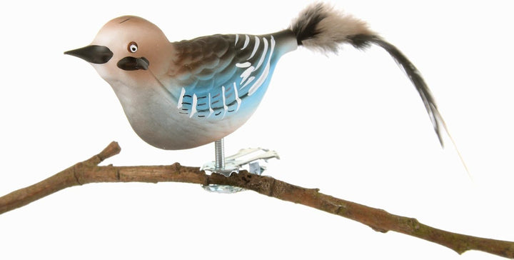 Birds of Glass® Glas-Vogel, Eichelhäher mit Naturfeder, Glasschmuck Made in Germany aus eigener Hers