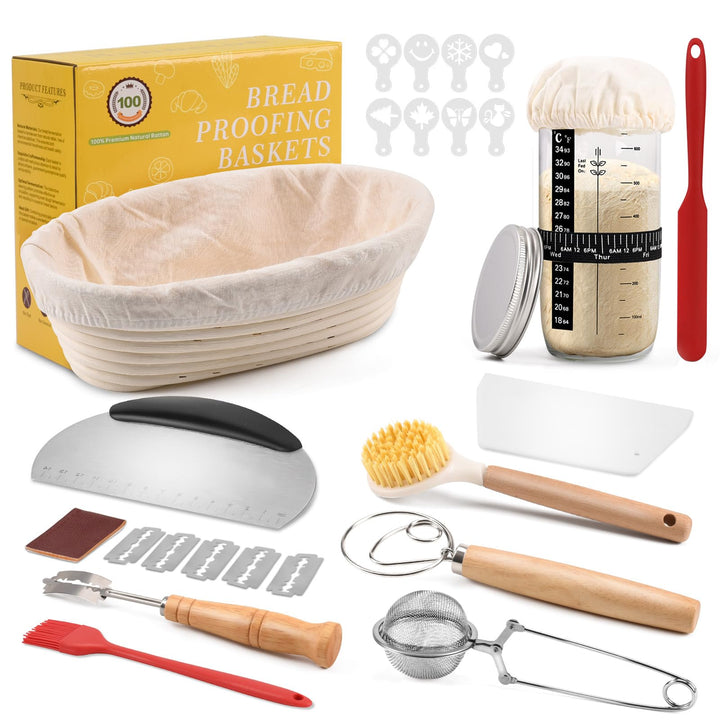 Sauerteig Starter Set, 11-teilig Gärkorb Brot Set, Oval 25cm, Rattan, Komplettset Brot Backen Zubehö