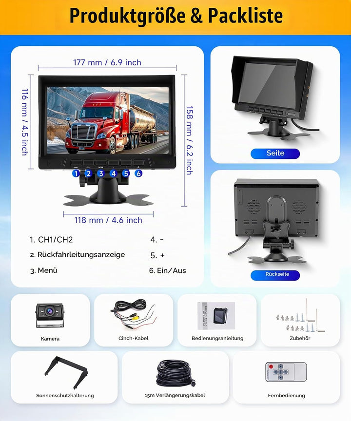 1080P HD Rückfahrkamera Kabel mit 7 Zoll IPS Monitor Kit Einparkhilfe,1024 * 600,IP69 AHD Rückfahrka