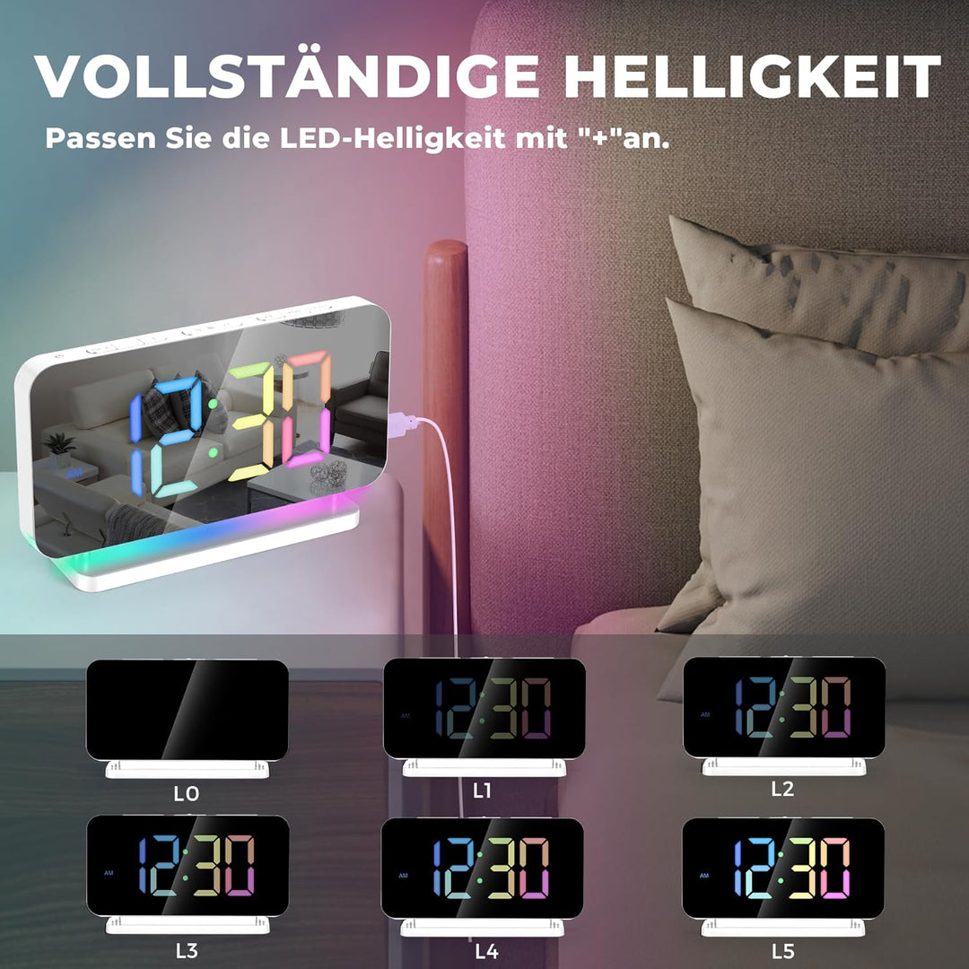 SZELAM Digital,Wecker Nachttisch,7,4" LED-Spiegeluhr mit 10 Modi RGB-Nachtlicht,11 Farben Digitalanz