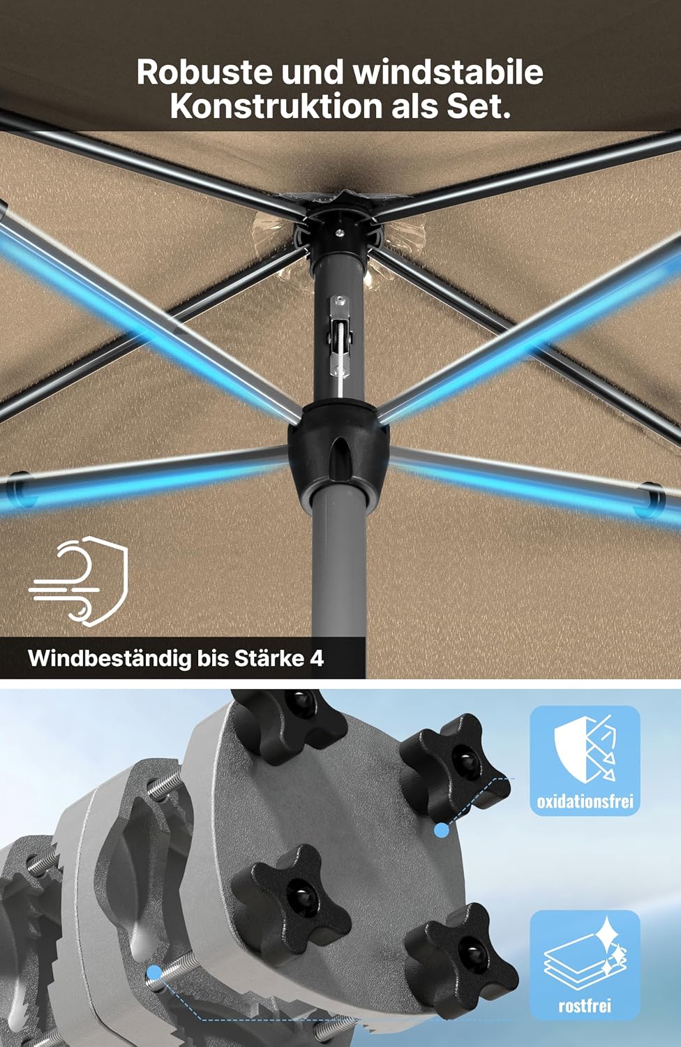 4smile SunnyShade Sonnenschirm Balkon mit Halterung im 3-er-Set, Taupe, 200x125 cm, UV 50+, Balkonsc
