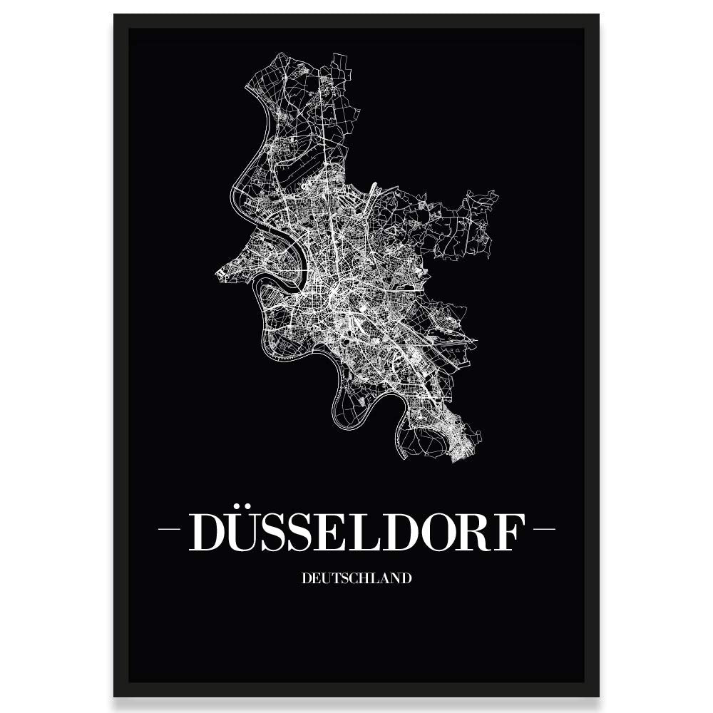 JUNIWORDS Stadtposter, Düsseldorf, Wähle eine Grösse, 21 x 30 cm, Poster mit Rahmen, Schrift A, Schw