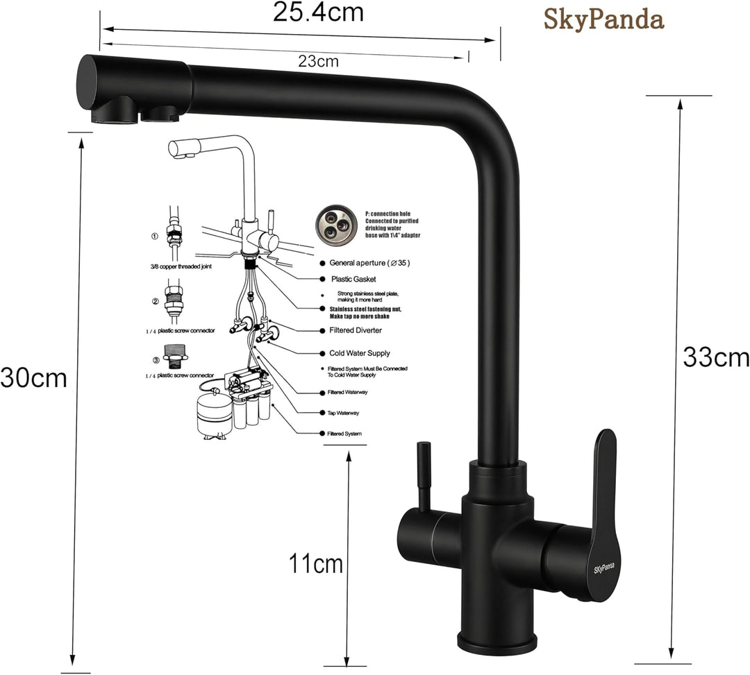 SkyPanda 3 Wege Küchenarmatur, Trinkwasser Wasserhahn mit Doppelhebel, Durchdringung 3-in-1, 360° dr