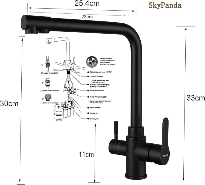 SkyPanda 3 Wege Küchenarmatur, Trinkwasser Wasserhahn mit Doppelhebel, Durchdringung 3-in-1, 360° dr