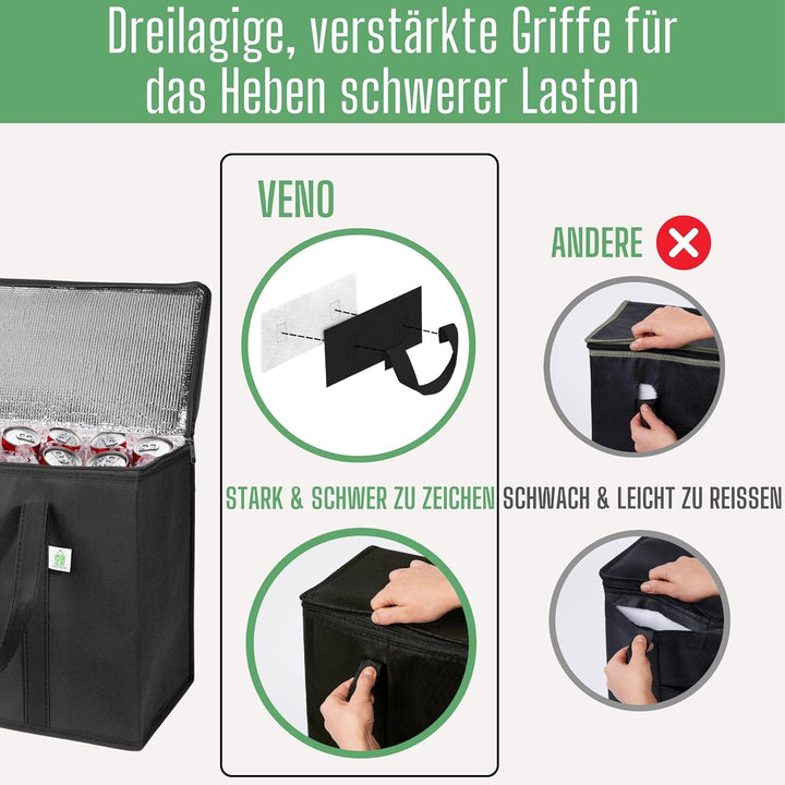 VENO 3-er Pack isolierte, wiederverwendbare Kühltasche, Einkaufstaschen, gross, robuste Griffe, Dopp