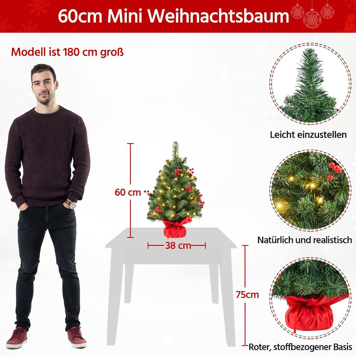 Yaheetech 50cm Mini Künstlicher Weihnachtsbaum mit 35 Warmweiss LED Beleuchtung & 40 Roten Beeren Kl
