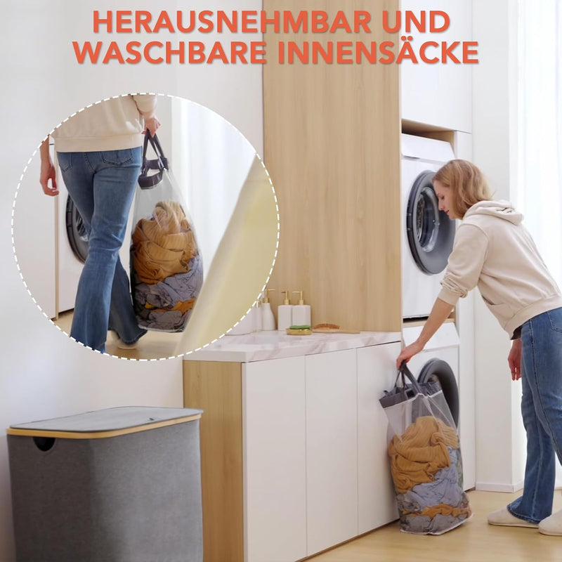SOUTHGATE 170L Wäschekorb 3 Fächer mit Deckel, Faltbare Wäschesammler mit herausnehmbaren Wäschesack