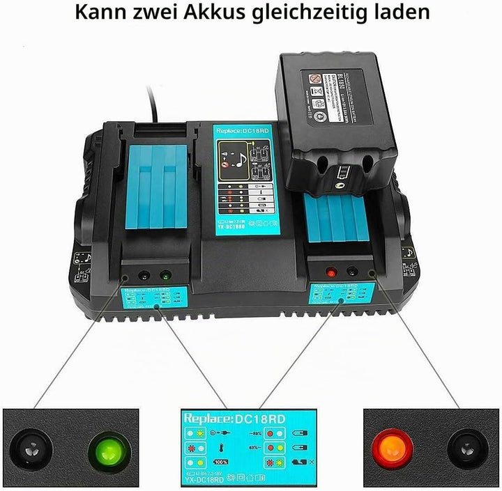 2 X BL1850B 18 V 5 Ah-Batterien mit 4A Dual Port Ladegerät DC18RD für Makita 7.2V ~ 18V BL1815 BL183