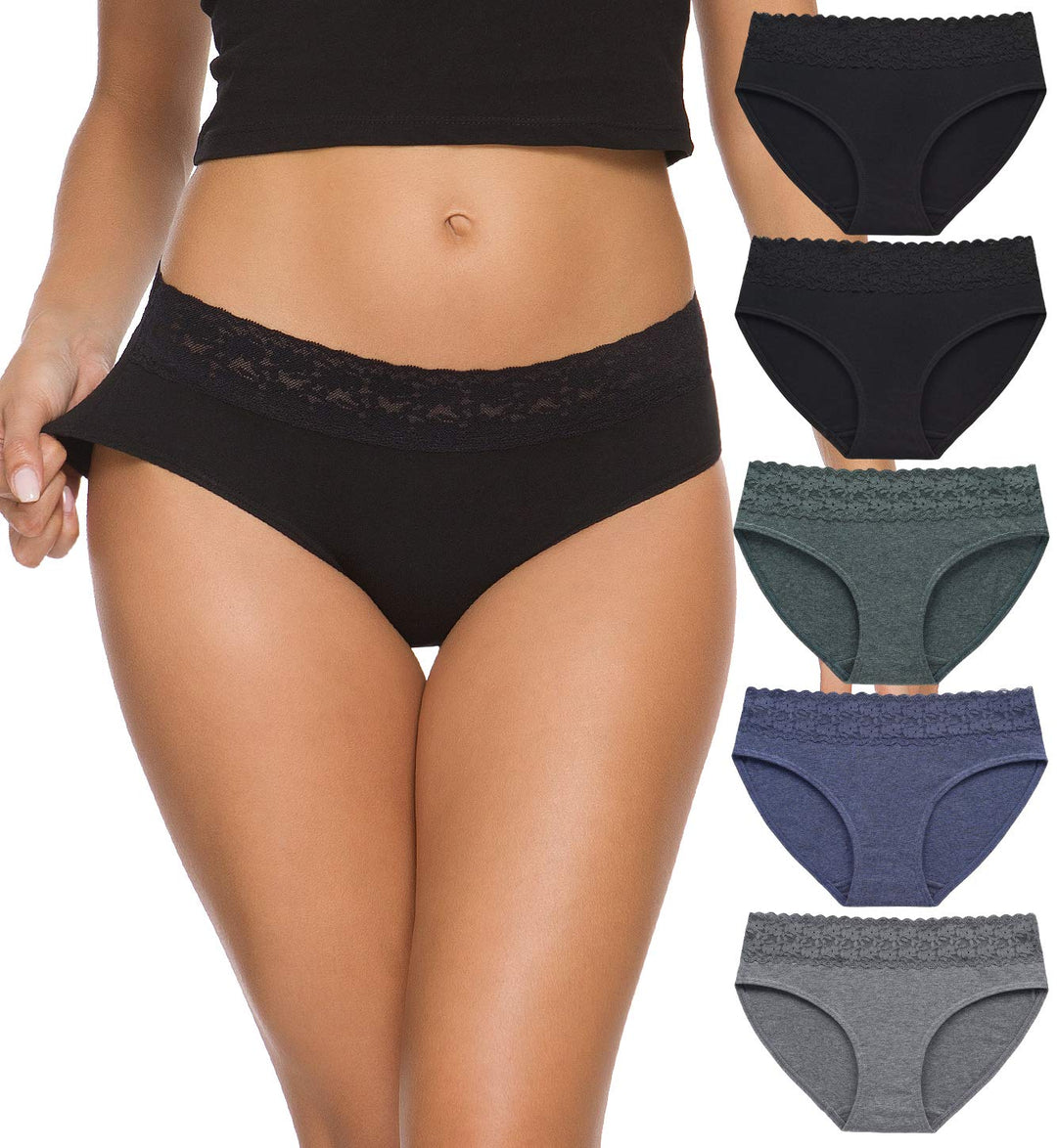 GNEPH Damen-Unterwäsche, Baumwolle, Bikini-Höschen für Damen, Unterhose, Slips, Hipster, Spitze, 5er