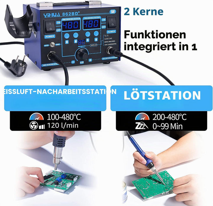 YIHUA 862BD+ SMD-Heissluft-Nachbesserungsstation und Lötstation, 2-in-1 Station mit Temperaturstabil