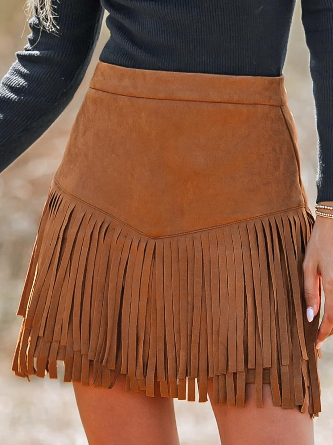 CUPSHE Damen Rock High Waist Fransen Wildleder Kurze Röcke Minirock Freizeitrock Wildlederimitat Wes