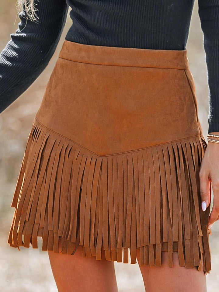 CUPSHE Damen Rock High Waist Fransen Wildleder Kurze Röcke Minirock Freizeitrock Wildlederimitat Wes