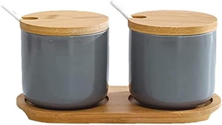 2er Set Zuckerdose Salzdose aus Keramik Gewürzgläser Gewürzbehälter mit Deckel,Löffel und Tablett 26