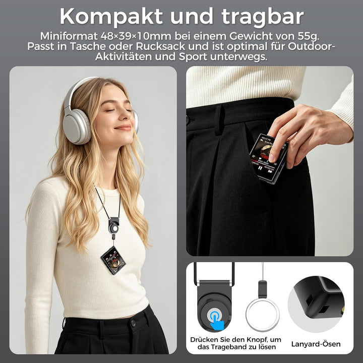 64GB MP3 Player mit Bluetooth 5.3, 1,8 Zoll Touchscreen MP3 Player mit Lautsprecher, HiFi Sound, UKW