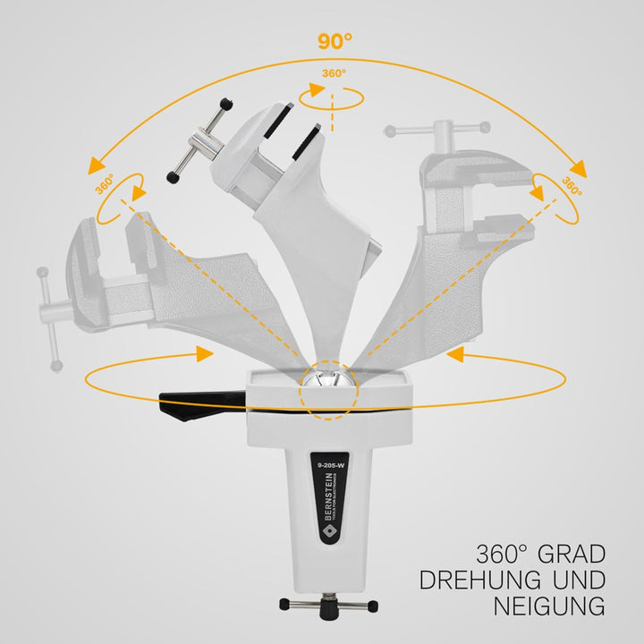 BERNSTEIN Spannfix Kugelgelenk-Schraubstock Drehbar 360° + 45° Neigbar | Weiss | Zum Anklemmen an di