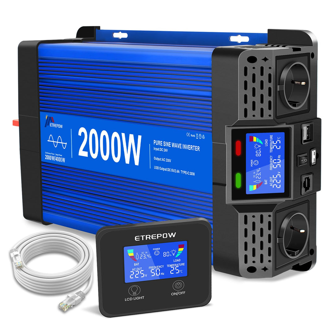 ETREPOW 2000W/4000W 24V Auf 230V Reiner Sinus Wechselrichter mit Fernbedienung, 2 EU Steckdosen, 2 U