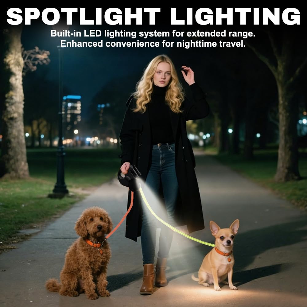 3m Hundeleine Doppelleine für 2 Hunde, Rollleine Einziehbare Hundeleine mit LED Licht, Automatische