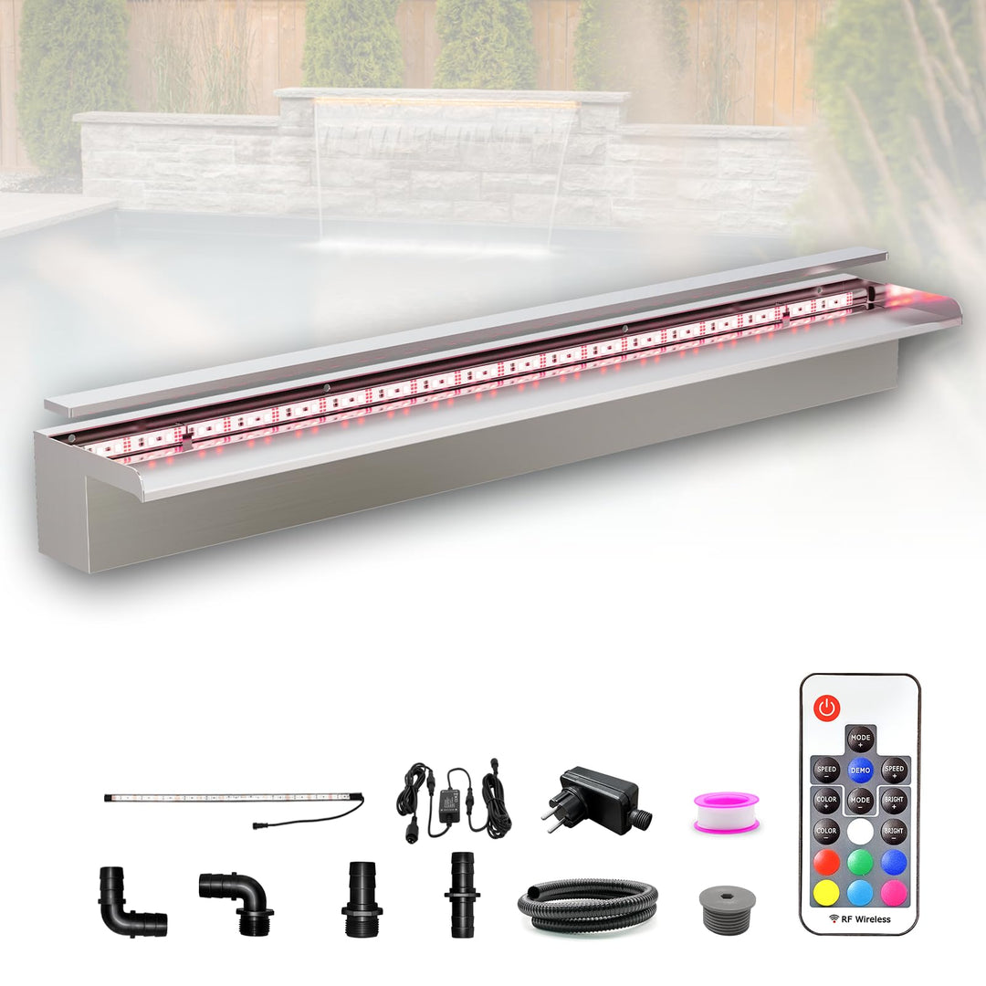 LONGRUN 90cm Teich Wasserfall Set, 304 Edelstahl Pool Wasserfall Brunnen mit RGB LED und Fernbedienu
