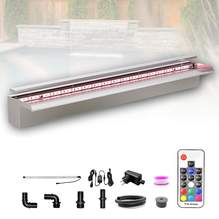 LONGRUN 90cm Teich Wasserfall Set, 304 Edelstahl Pool Wasserfall Brunnen mit RGB LED und Fernbedienu