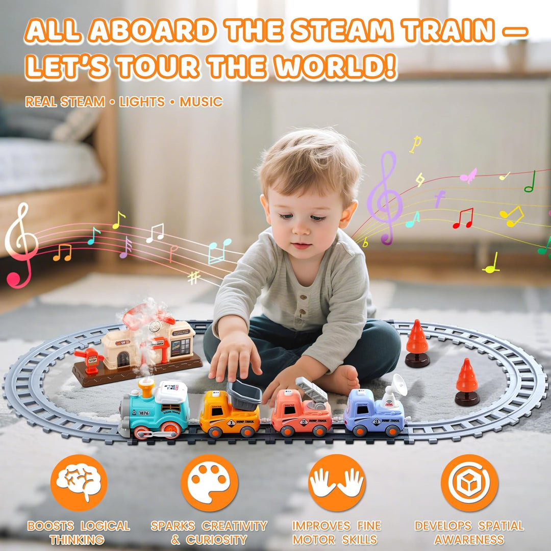 Zug Set Spielzeug für Kinder mit Dampf, Licht, Musik &amp; DIY Schienen,Grün | Spielzeugeisenbahn Set Zu