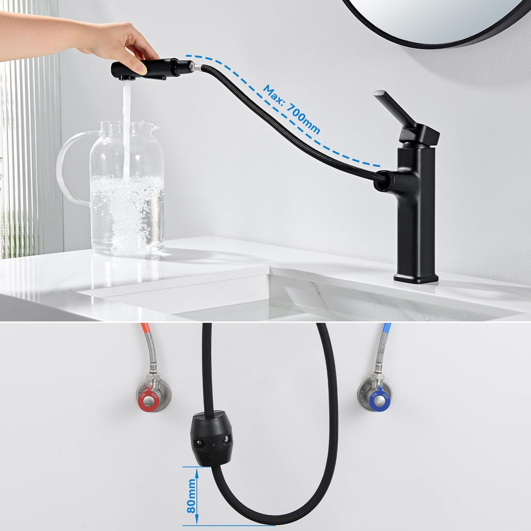 Wasserhahn Bad Ausziehbar Schwarz, Waschtischarmatur mit Herausziehbarer Brause 2 Strahlarten, Armat