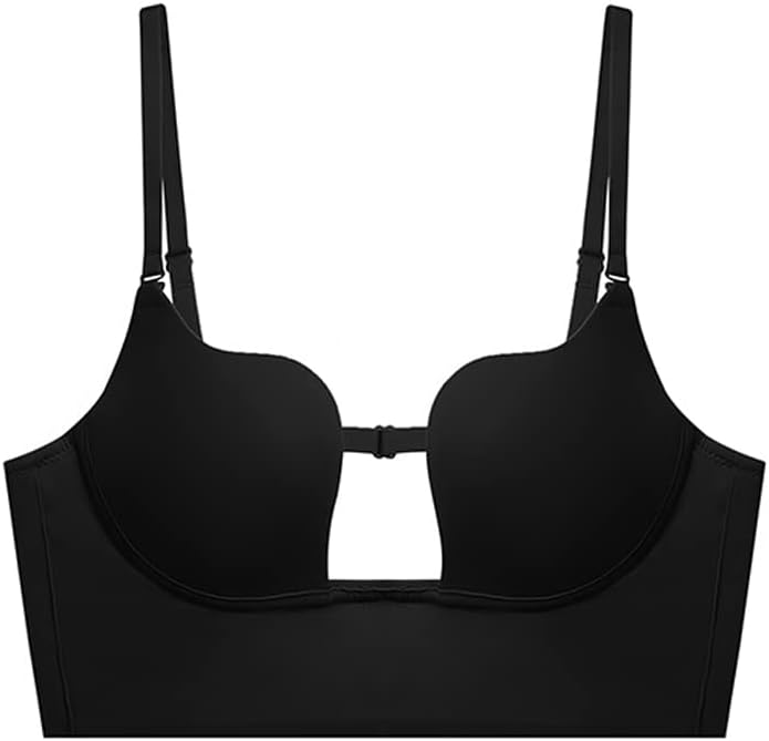 Damen Deep U BH Push Up, Rückenfreier BHS Unterwäsche Abnehmbar Wandelbarer Durchsichtigem Träger, M