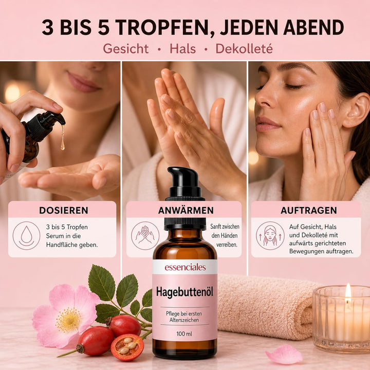 Essenciales Hagebuttenöl 100 ml | Wildrosenöl Pflegeöl für Gesicht & Körper | Kaltgepresst, Vegan |