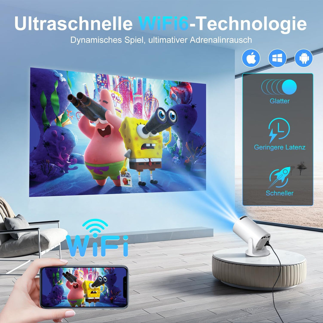 Salange Mini Beamer Unterstützt 4K, Android 14 mit Apps,Smart Projektor Tragbarer mit 5G WiFi 6 und