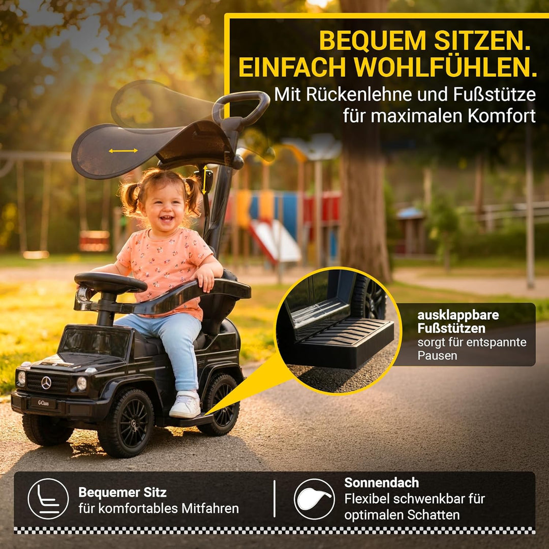 Actionbikes Motors Lauflernwagen Mercedes G350d | Rutschauto mit Schiebestange Schutzbügel Sonnendac