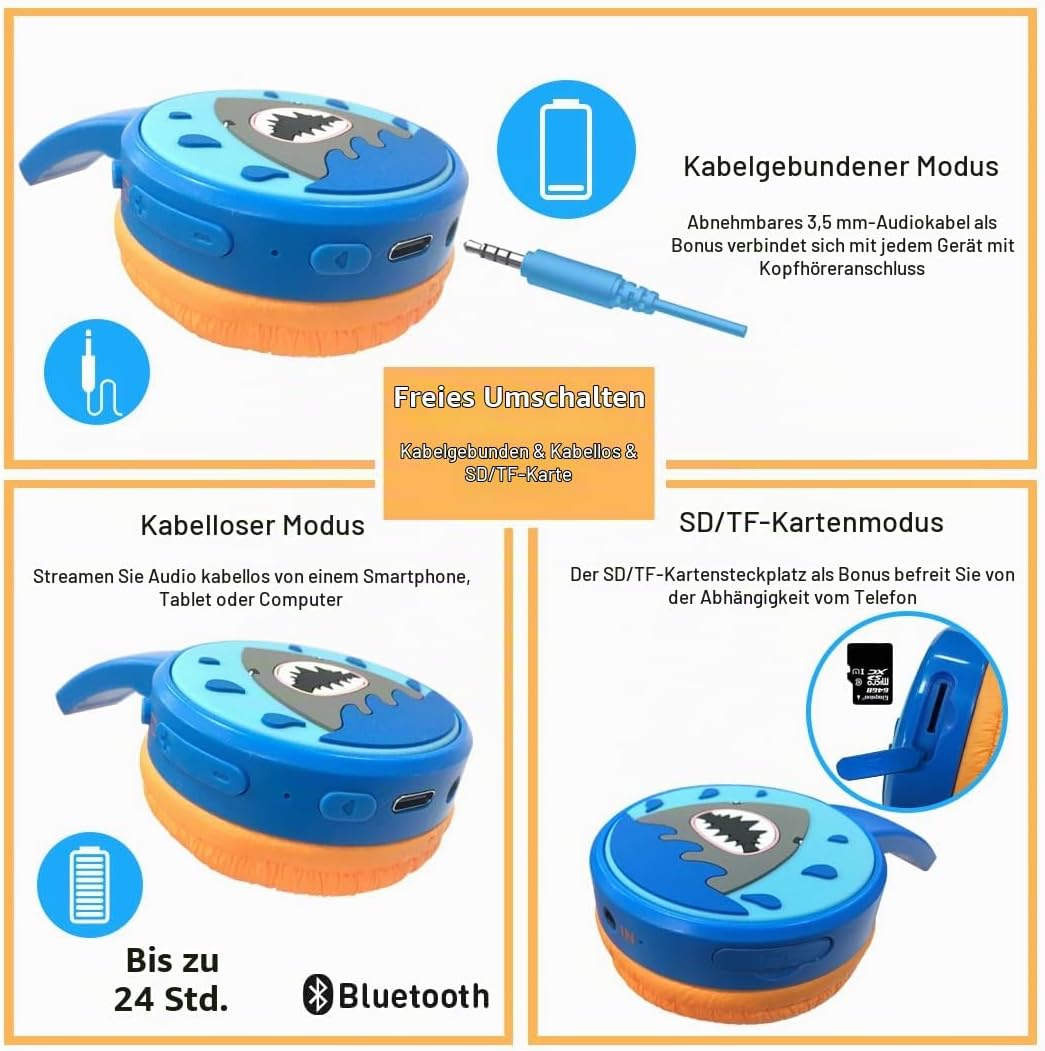 Bluetooth Kopfhörer Kinder, Shark Kinder Kopfhörer mit Kabel, Mikrofon, 85dB Lautstärkebegrenzung, 3