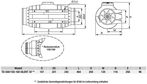 Schallgedämpfter Rohrventilator S&P TD-500/150-160 Silent 580/430m3 Klima Lüfter