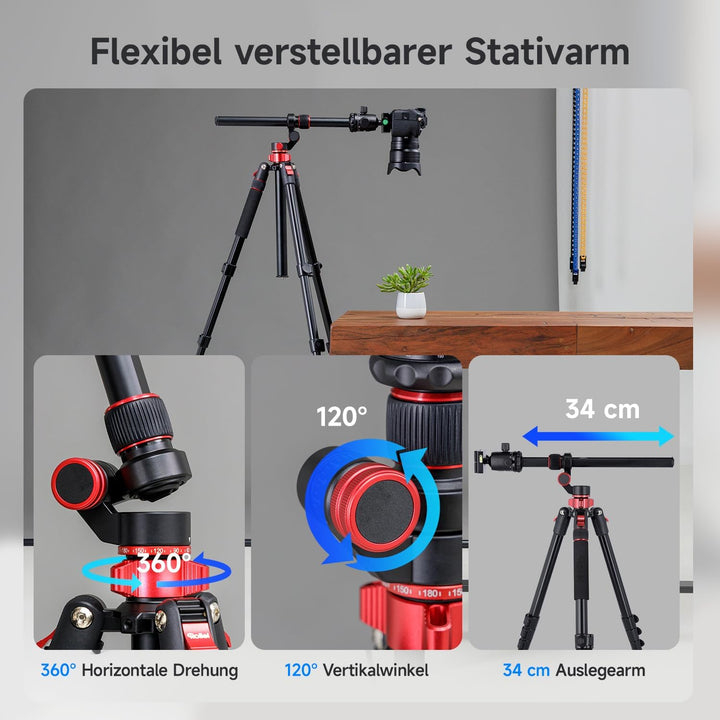 Rollei Compact Traveler No.2 XL Foto Stativ Kamera mit Auslegearm 213cm Kamerastativ aus Alu mit 360