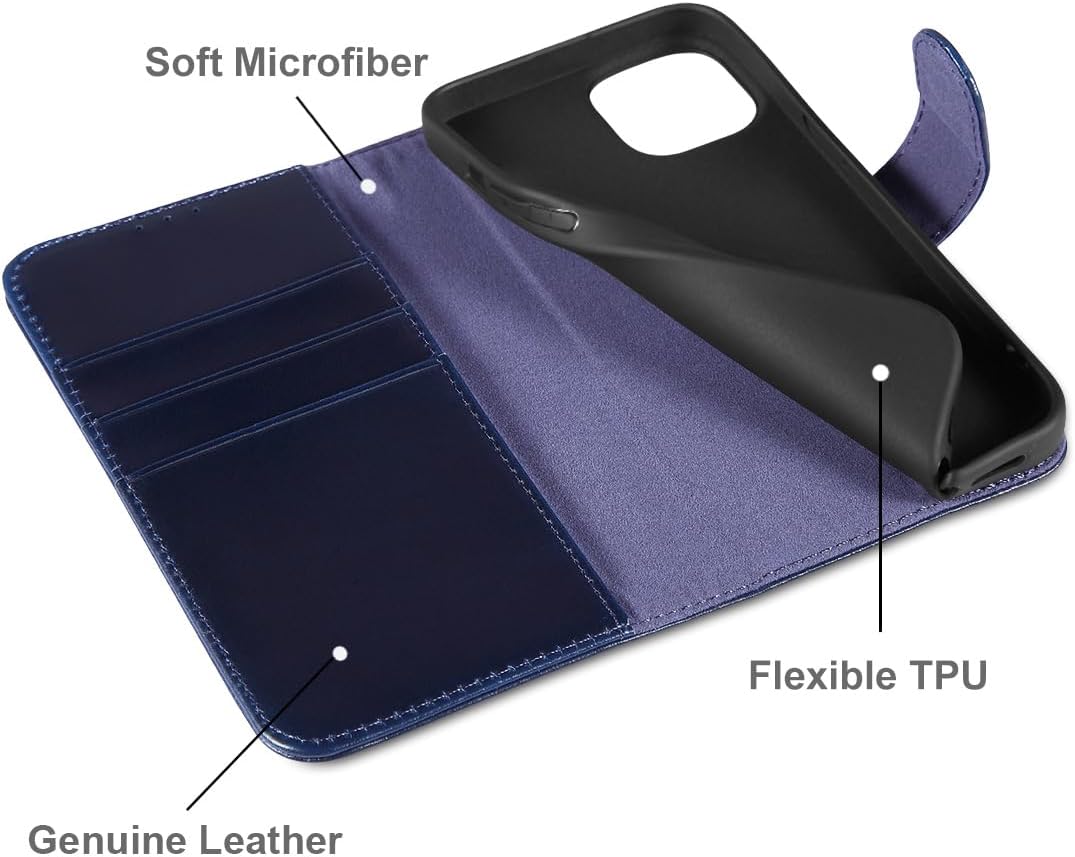LENSUN Lederhülle für iPhone 14, Echtleder Hülle Klapphülle [Echtes Leder][Bookstyle][RFID-Blocker]