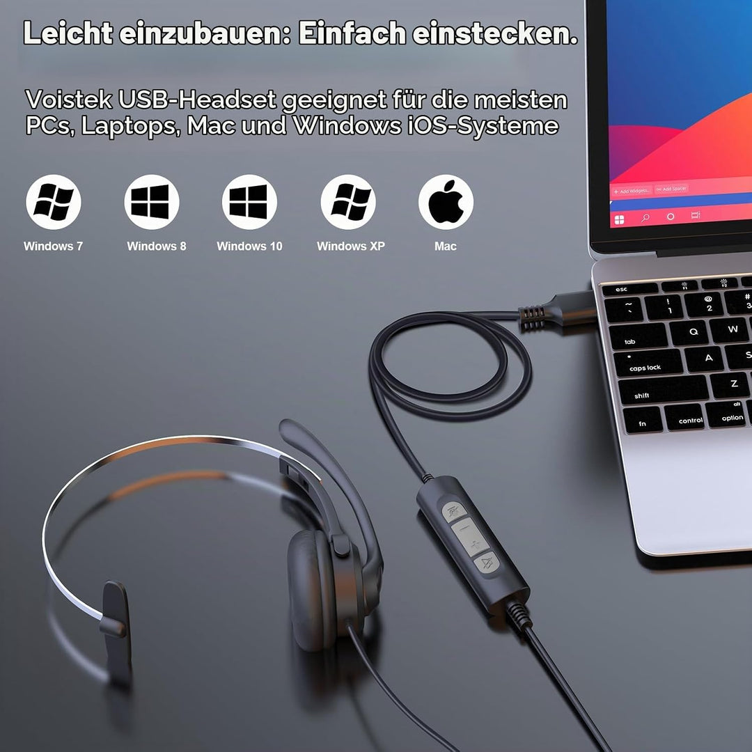 Voistek USB Headset mit Mikrofon für Laptop PC, Geräuschunterdrückung, USB-A/USB-C, Einseitiges Head