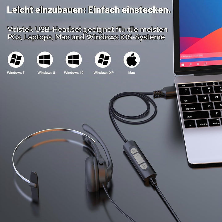 Voistek USB Headset mit Mikrofon für Laptop PC, Geräuschunterdrückung, USB-A/USB-C, Einseitiges Head