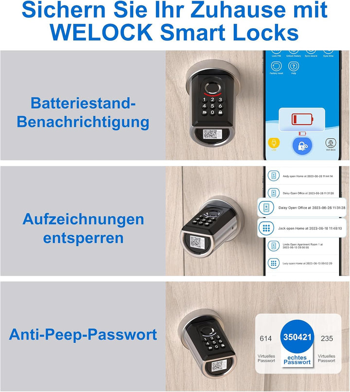 WELOCK ToucA51 Fingerabdruck Passwort Türschloss, Elektronisches Fingerabdruck Pin Code Schloss mit