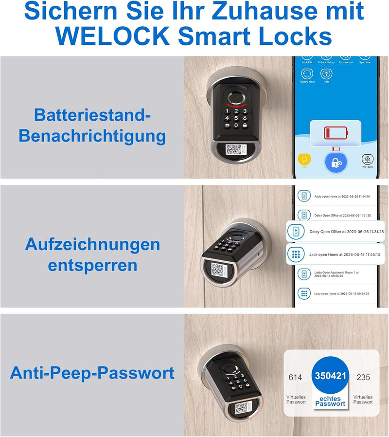WELOCK ToucA51 Fingerabdruck Passwort Türschloss, Elektronisches Fingerabdruck Pin Code Schloss mit