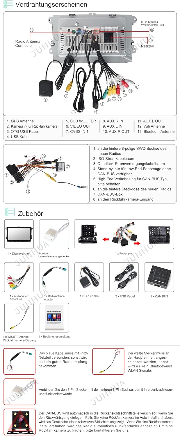 JUNHUA 9" 2GB+32GB Android Autoradio für VW Golf 5 V Golf 6 VI Passat Polo Tiguan T5 EOS mit Wireles