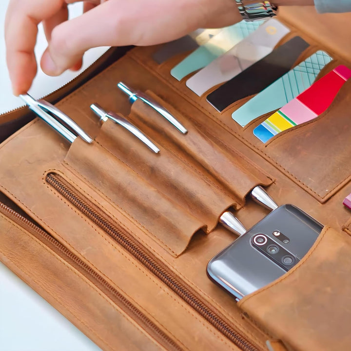 ALMADIH Leder A4 Aktenmappe mit Reissverschluss, Tragegriff und Ringmechanik Premium Rindsleder SCH