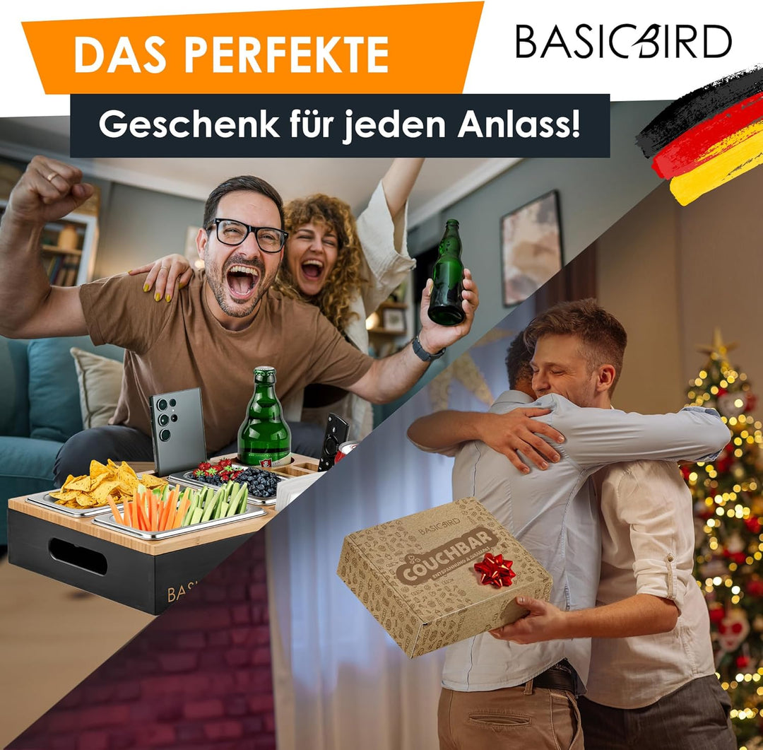 Couchbar Snackbox - Organizer Tablett- Snackspender mit 3X Snackschale - Holz Sofatablett für Sofa,