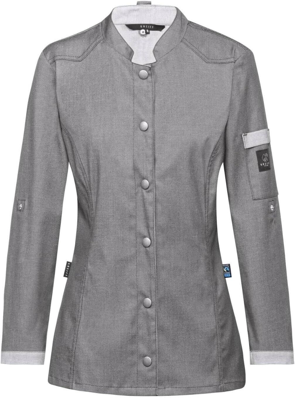 GREIFF Damen Kochjacke Im Bikerstyle Bäckerjacke Regular Fit Langarm mit Druckknopfverschluss XL Gra
