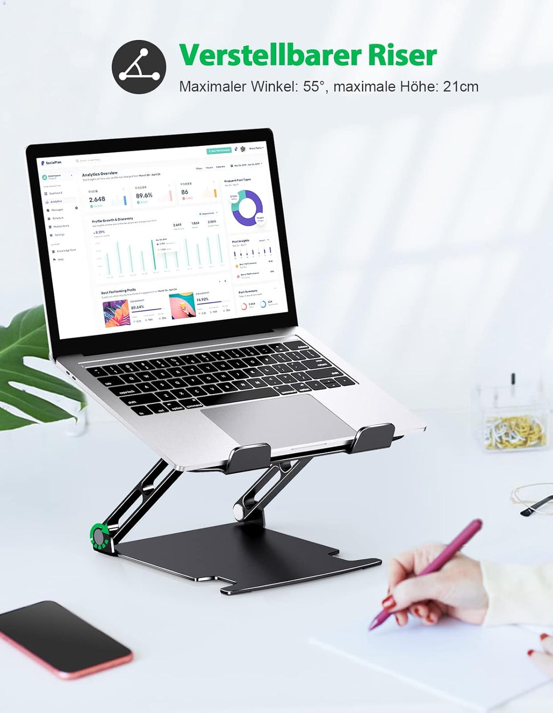 Glangeh Laptop Ständer Aluminium Robust, Belüfteter Ergonomisch Laptop Stand mit Höhenverstellbarer,