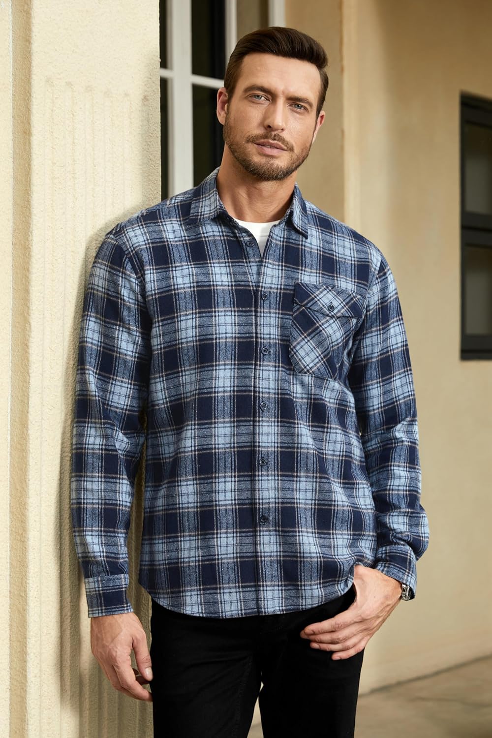 HISDERN Flanellhemd Herren Karierte Hemden Herren Langarm Button Down Baumwolle Holzfällerhemd Regul