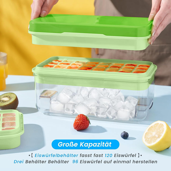 Eiswürfelform, Eiswürfelbehälter, 96 Stück Eiswürfel, Eiswürfelform Mit Deckel, Mit 3 Tablett, Einfa