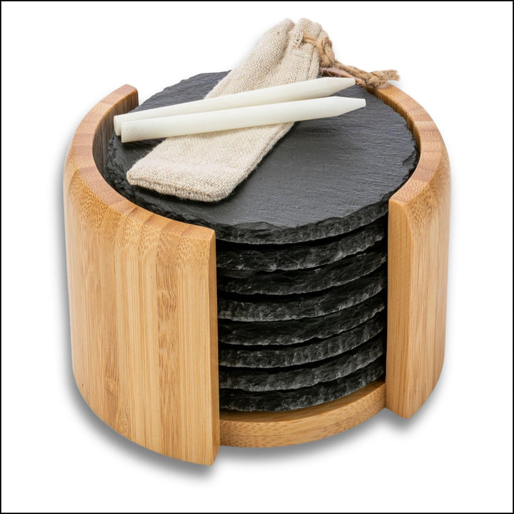 Schiefer Untersetzer Set - 8 Glasuntersetzer rund mit Halter - Schieferplatte 10 cm schwarz für Deko