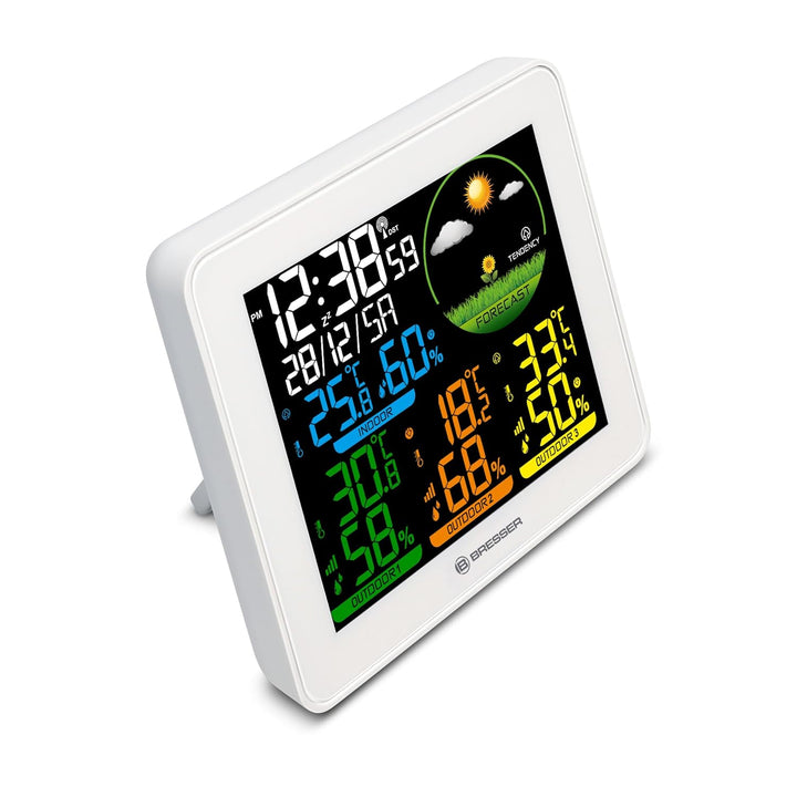 Bresser Farbwetterstation 3 Aussensensoren Temperatur Luftfeuchtigkeit Wettervorhersage Uhr Wecker 8