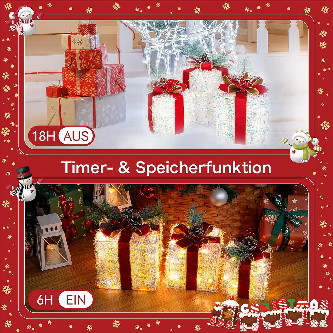 3er Set LED Geschenkbox Weihnachten, Beleuchtete Deko Geschenke mit 60 LEDs, 8 Lichtmodi & Timer, We