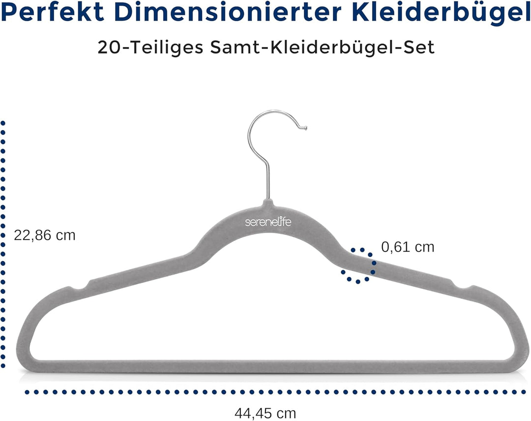 SereneLife Samt Kleiderbügel Grau 20 Stück für Dein Anzug, Rock & Hose, Kinder & Erwachsene, Gardero