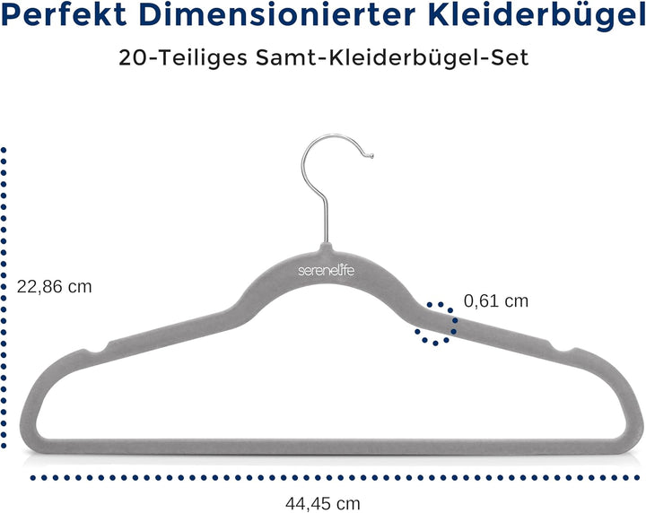 SereneLife Samt Kleiderbügel Grau 20 Stück für Dein Anzug, Rock & Hose, Kinder & Erwachsene, Gardero