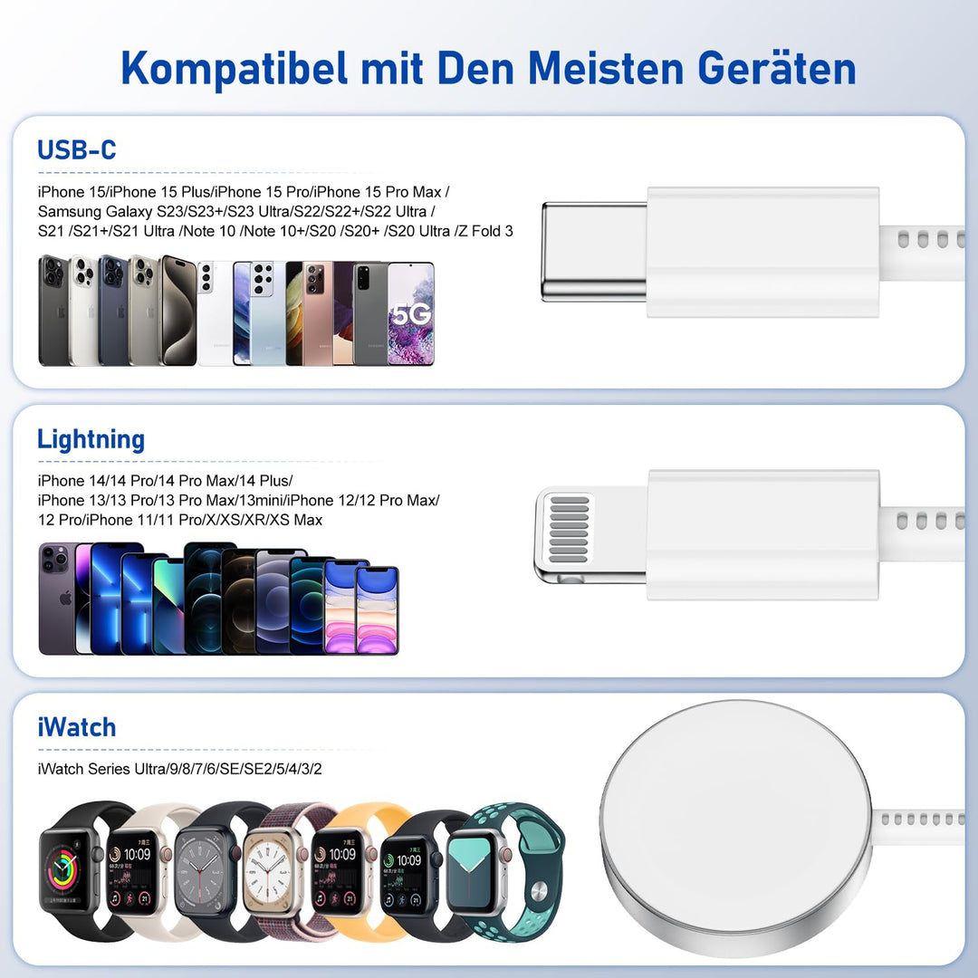 3-in-1 Ladekabel für Apple Watch und iPhone, 2M USB C iWatch Ladegerät mit Kabel, 20w Schnellladeger